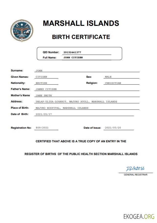 Modèle Word et PDF d'acte de naissance d'acte d'état civil des Îles Marshall